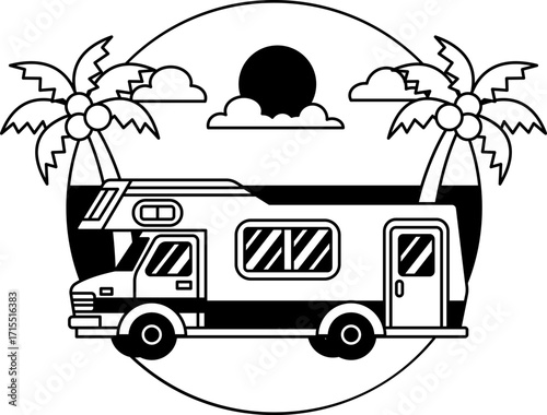 black and white isolate illustration of A camper van is parked on a beach