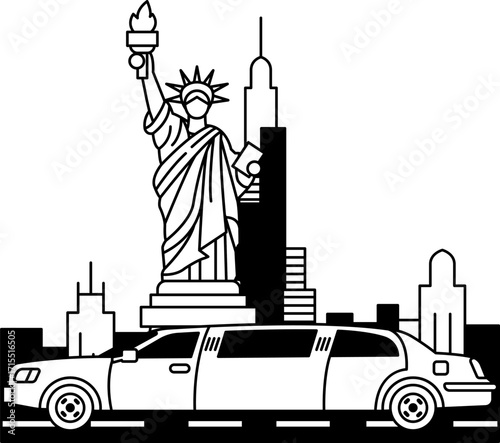 black and white isolate illustration of A limo is driving past the Statue of Liberty