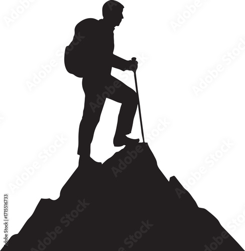 Silhouette of a hiker with backpack standing on a mountain peak