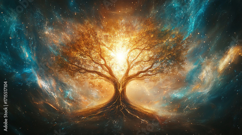 The cosmic tree of life stands tall, its branches reaching for the stars, symbolizing growth, connection, and the interconnectedness of all things
