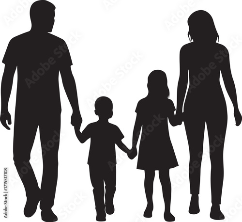 Silhouette of a family of four walking together holding hands