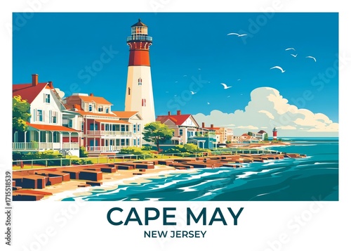 Cape May, New Jersey Flat Retro Poster illustration, Landscape Travel Wall Art, Vintage High quality prints