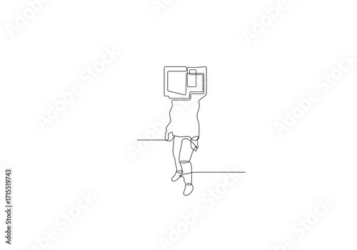 Hypnotized Figure with TV Head – Minimalist One Line Art Vector, Propaganda Theme