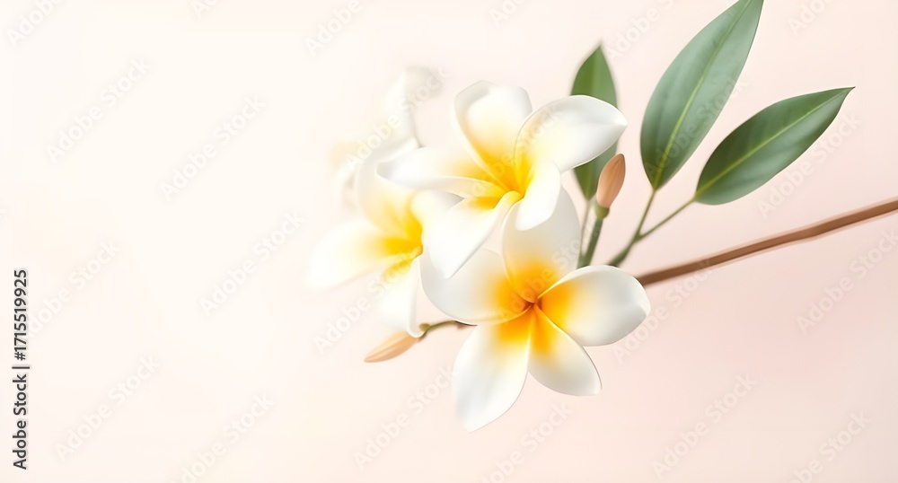 Naklejka premium aesthetic white frangipani flower, minimal background, pastel tones, elegant composition, soft lighting