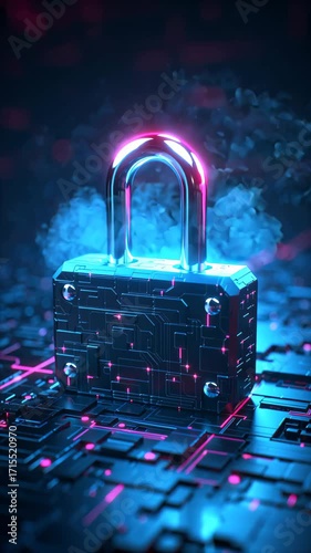 Glowing neon lock on digital circuit. Cybersecurity, AI protection, and futuristic tech visuals