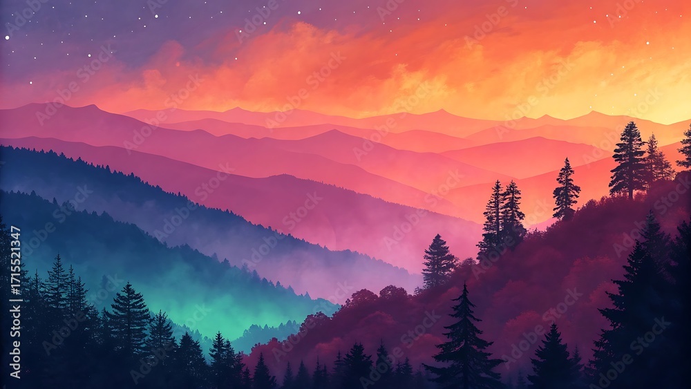 Obraz premium Vibrant sunset sky over misty mountains and pine forest landscape