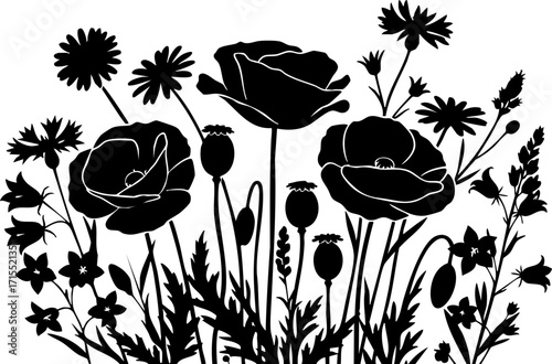 Elegant black silhouette of vibrant wildflowers blooming in a sunny garden, perfect design