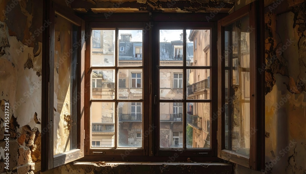 Fototapeta premium A sun-drenched view from a weathered window of a decaying building, showcasing the aged architecture beyond.