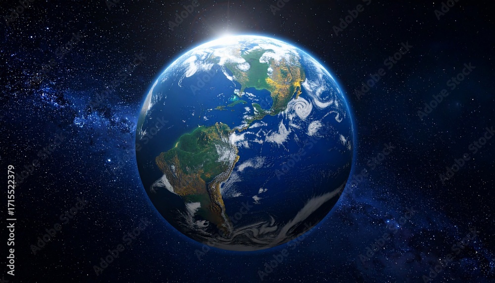 Obraz premium A captivating view of Earth from space, showcasing its vibrant blue waters and diverse landmasses against a backdrop of a star-studded night sky.