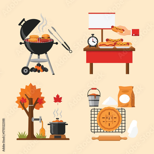 A flat design illustration showcasing food preparation methods, including grilling burgers, selling hot dogs, and making pies, set against a light beige backdrop.
