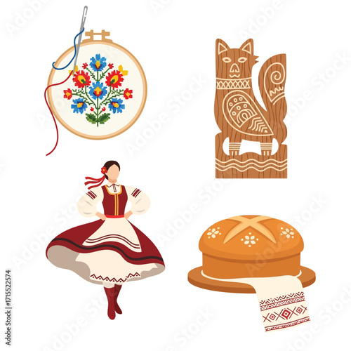 Traditional embroidered artwork, folk dance, wooden carving, and bread, showcasing Ukrainian cultural heritage.