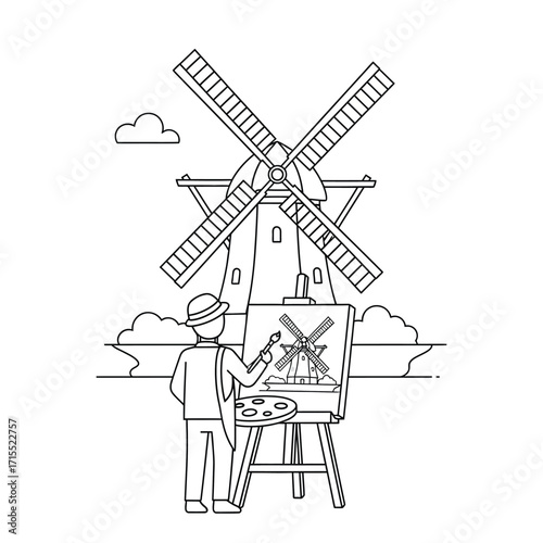 Artist paints idyllic Dutch windmill scene, capturing rural charm.