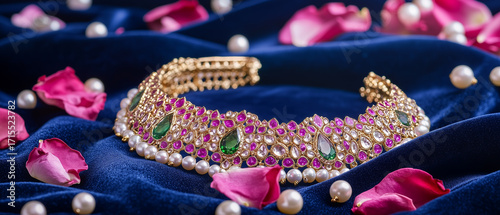 Luxury catalogue photo of an ornate Indian matha patti jewelry piece, encrusted with pink and green gemstones, arranged gracefully on deep royal blue velvet cloth
