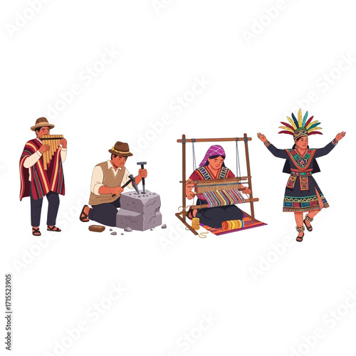 Illustration depicting four individuals engaged in traditional Peruvian activities: playing panpipes, stonemasonry, weaving, and dancing.