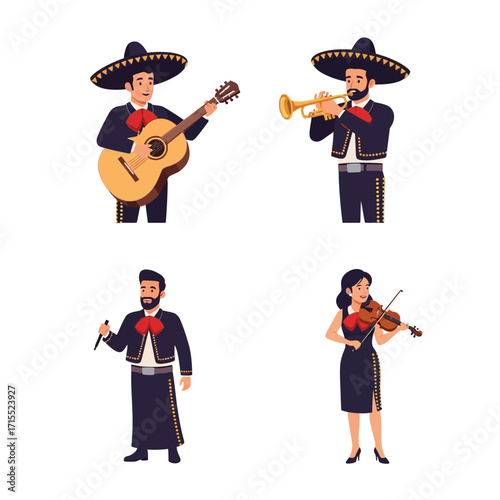 Mariachi band performing: guitarist, trumpeter, singer, and violinist in traditional attire.