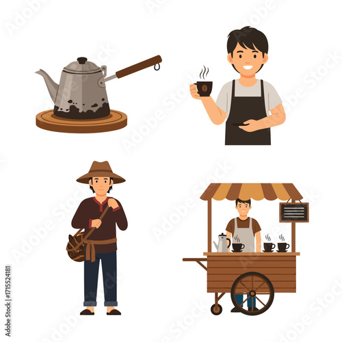 Cartoon illustration of coffee preparation, a farmer, and a street vendor, showcasing a coffee-making process.