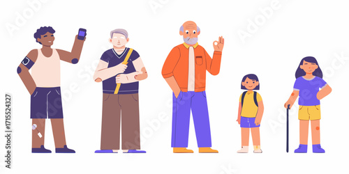 Diverse group of people of different ages and abilities standing together with medical devices and assistive aids