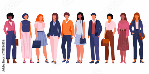 Diverse group of business professionals standing together in modern office attire on a white background