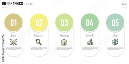 Rectangular infographic template or element with 5 step, process, option, colorful rectangle, icons, triangle, paper origami, button, tag, circle, circular, square bar for sale slide, internet planner