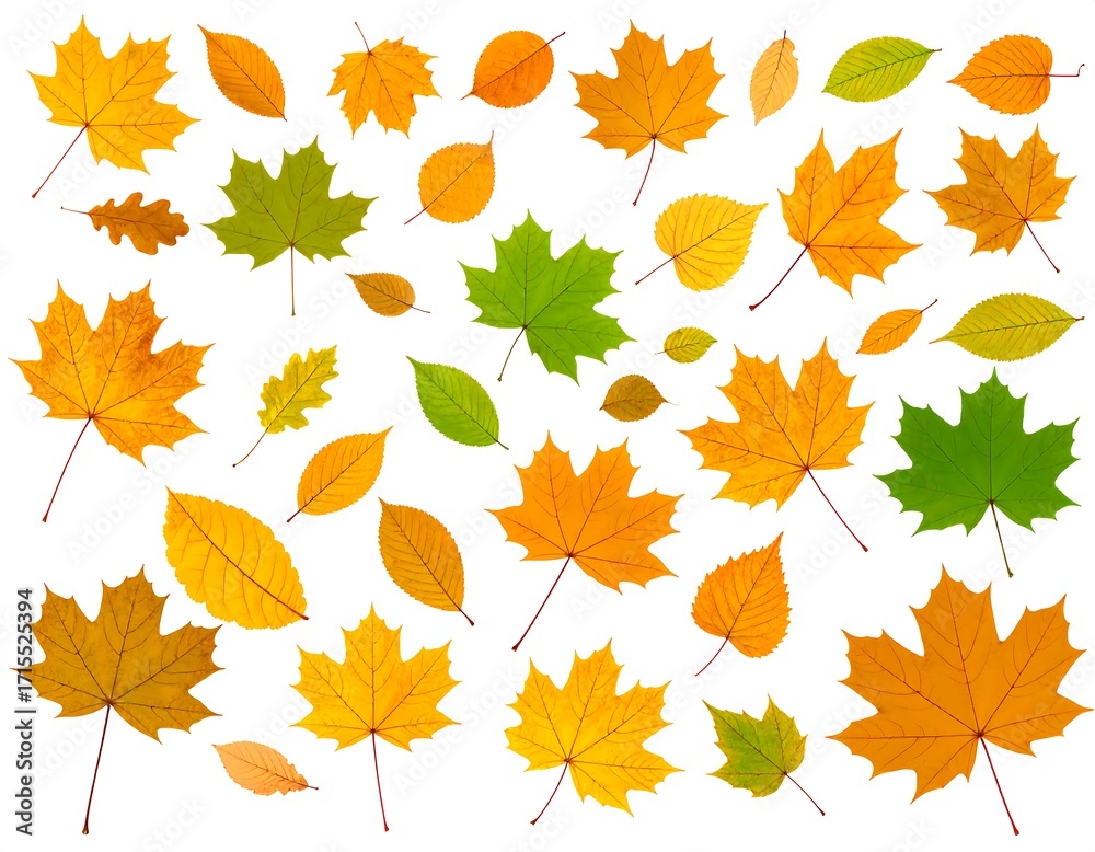 Obraz premium Colorful assortment of autumn leaves against a white background, showcasing a variety of shapes and hues.