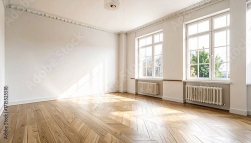 Wallpaper Mural Empty room with wooden floor and large windows offering natural light and airy ambiance Torontodigital.ca