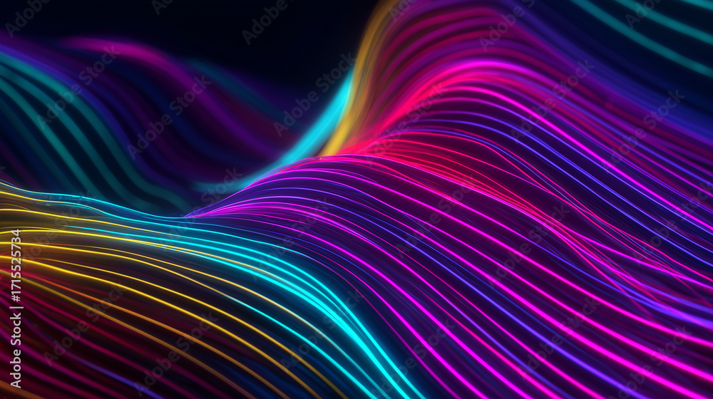 Fototapeta premium Colorful Neon Wavy Lines: An abstract representation of flowing, dynamic neon lines undulate in a captivating, vibrant spectrum of color, evoking energy, data, and technological innovation.