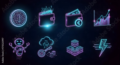 Neon Finance and Cryptocurrency Icon Set: Bitcoin, Wallet, Chart, and More