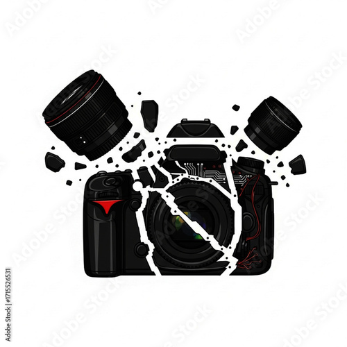 Shattered Black DSLR Camera with Detached Lenses and Cracks