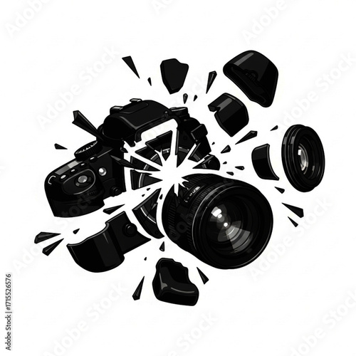 Shattered DSLR Camera: Exploded View of Black SLR Fragments