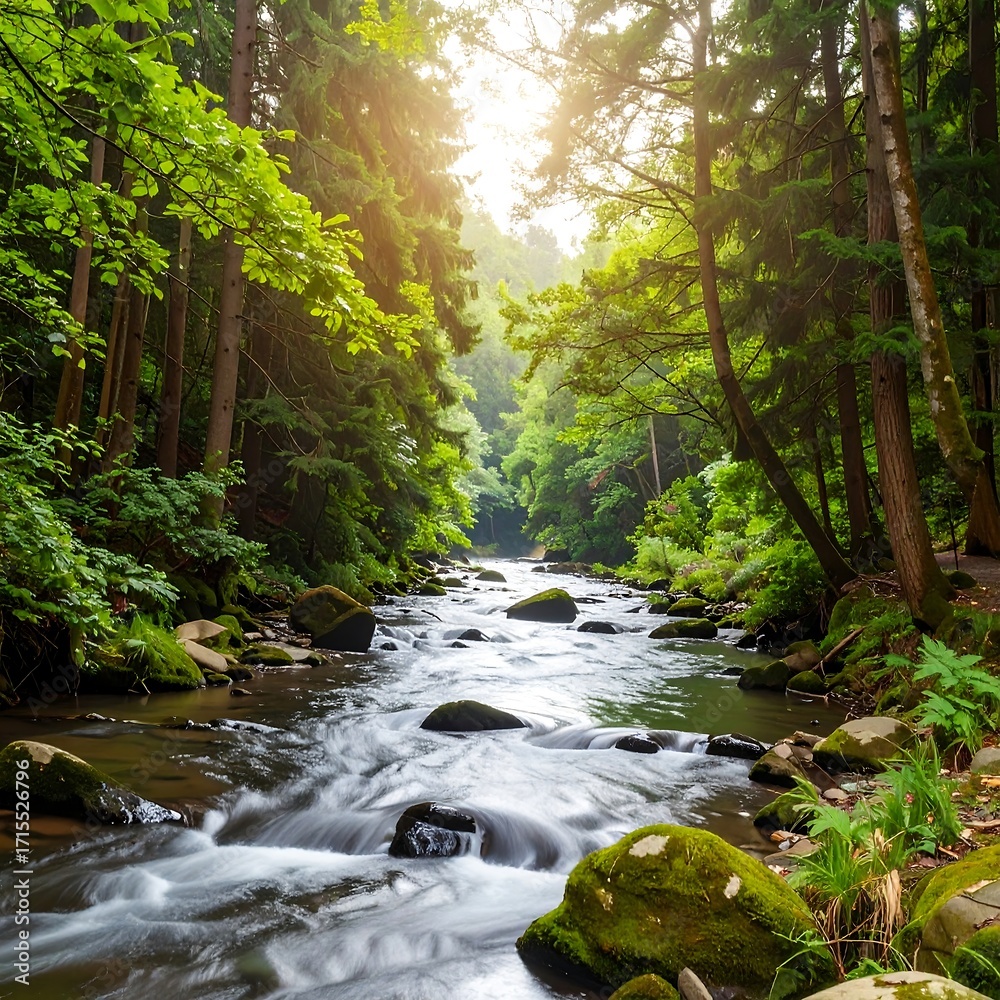 Obraz premium Lush forest stream. Sunlight streams through trees