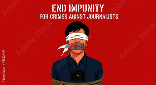 Journalist with Blindfold and Camera, Bound by Rope, "Press" on Mouth
