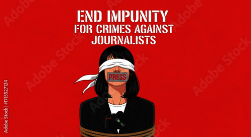 Illustration of a Blindfolded Journalist with "Press" Tape, Tied Up, Red Background