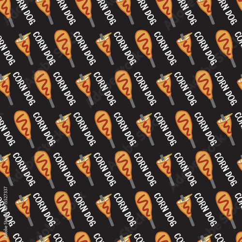 Street Food Corn Dog Stick Snack Seamless Pattern. Seamless vector pattern of cartoon corn dogs on skewers with drizzled sauce, perfect for food, snack bar, or fast food-themed designs.