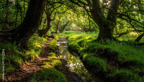 Fototapeta Naklejka Na Ścianę i Meble -  Sunlit forest path, with a shallow stream. Lush greenery, mossy banks, and ancient trees create a tranquil scene