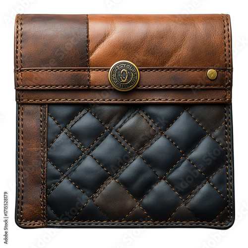 Close up of a vintage leather wallet with a quilted dark blue front panel and brass button detail isolated on transparent background