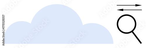 Cloud with magnifying glass and directional arrows representing data analysis, exploration, and technology. Ideal for analytics, innovation, discovery, research, science, cloud computing
