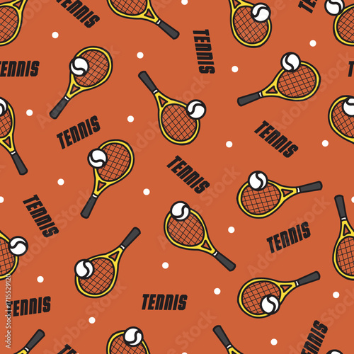Playful Tennis Racket and Ball Pattern on Orange. Seamless cartoon vector pattern featuring yellow tennis rackets with ball, Ideal for sport, tennis, and active wear themed designs