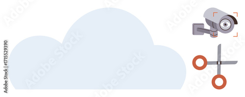Cloud form paired with a surveillance camera and scissors suggests monitoring and managing data. Ideal for security, privacy, data governance, cloud storage, cybersecurity, surveillance, risk