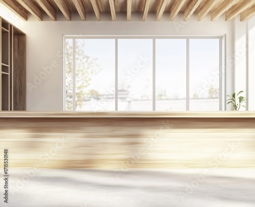 Modern minimalist interior with large windows, wooden ceiling, and natural light