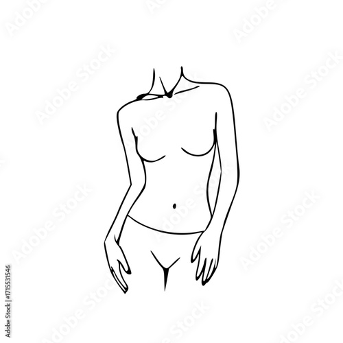 Simple line drawing of a female torso and lower body, elegant and minimalist style.