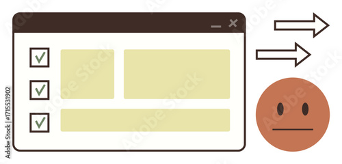 Web interface with checkboxes and content sections, arrows pointing towards a neutral face. Ideal for workflow, online form, assessment, feedback, user experience, automation, simple flat metaphor