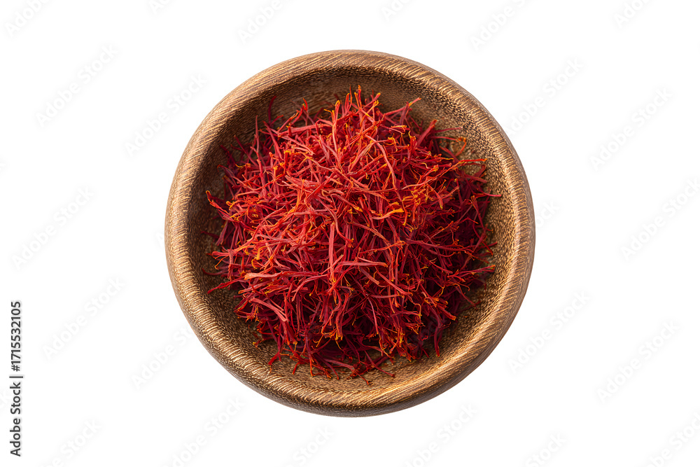 Fototapeta premium Saffron threads in a wooden bowl isolated on transparent background