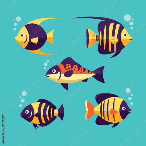 A vibrant illustration of various colorful tropical fish swimming in clear blue water with tiny bubbles.