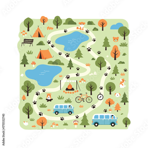 A whimsical map of a park with camping tents and cute animals on a winding path