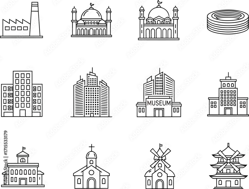 Fototapeta premium Set of City Buildings and Landmark Icons - Editable Stroke Vector