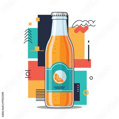 A refreshing bottle of orange flavored drink stands against a colorful abstract background full of geometric shapes.