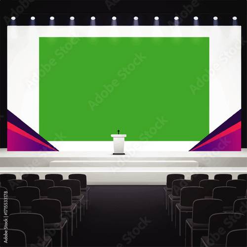 Modern Conference Stage with Green Screen and Podium in Empty Auditorium.