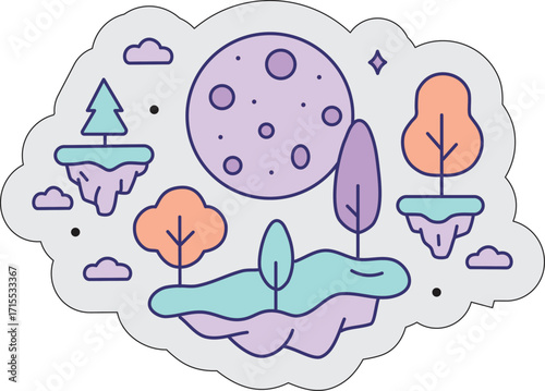 Whimsical surreal fantasy landscape floating islands cosmic moon dreamy sky