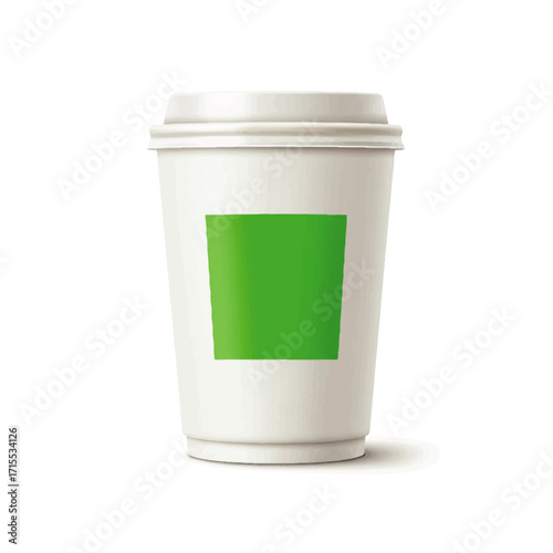 White Disposable Coffee Cup with Blank Green Label Mockup.