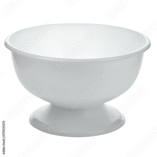 White pedestal bowl, round, shallow, smooth, simple, ceramic-like,  with a wide, shallow bowl atop a short, round pedestal base
